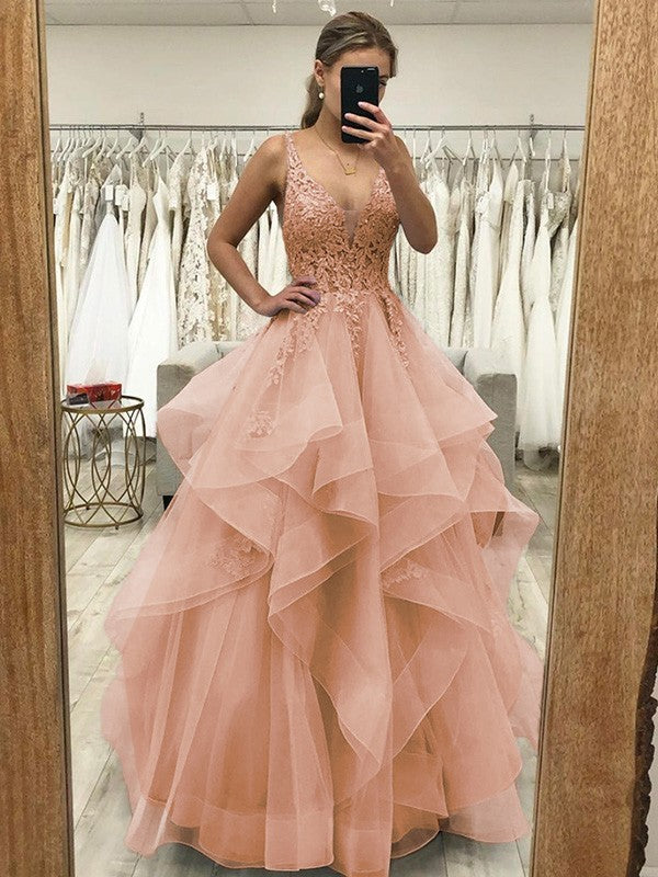 Touch of Texture Princess Style Tulle Applique V-neck Sleeveless Floor-Length Corset Prom Dress