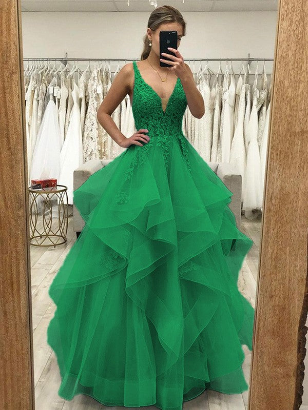 Touch of Texture Princess Style Tulle Applique V-neck Sleeveless Floor-Length Corset Prom Dress