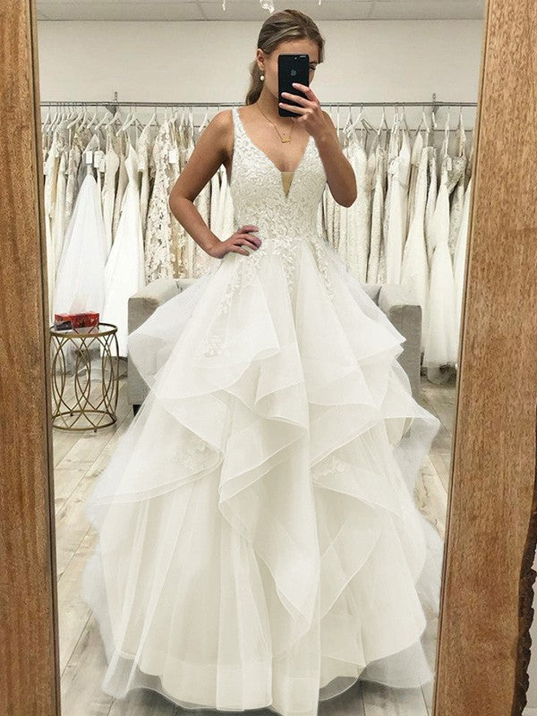 Touch of Texture Princess Style Tulle Applique V-neck Sleeveless Floor-Length Corset Prom Dress