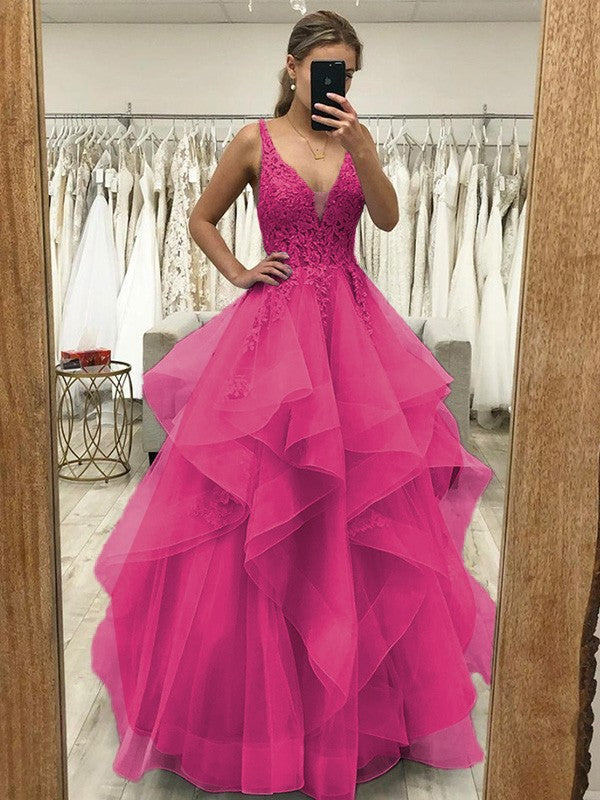 Touch of Texture Princess Style Tulle Applique V-neck Sleeveless Floor-Length Corset Prom Dress
