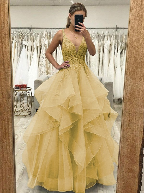 Touch of Texture Princess Style Tulle Applique V-neck Sleeveless Floor-Length Corset Prom Dress