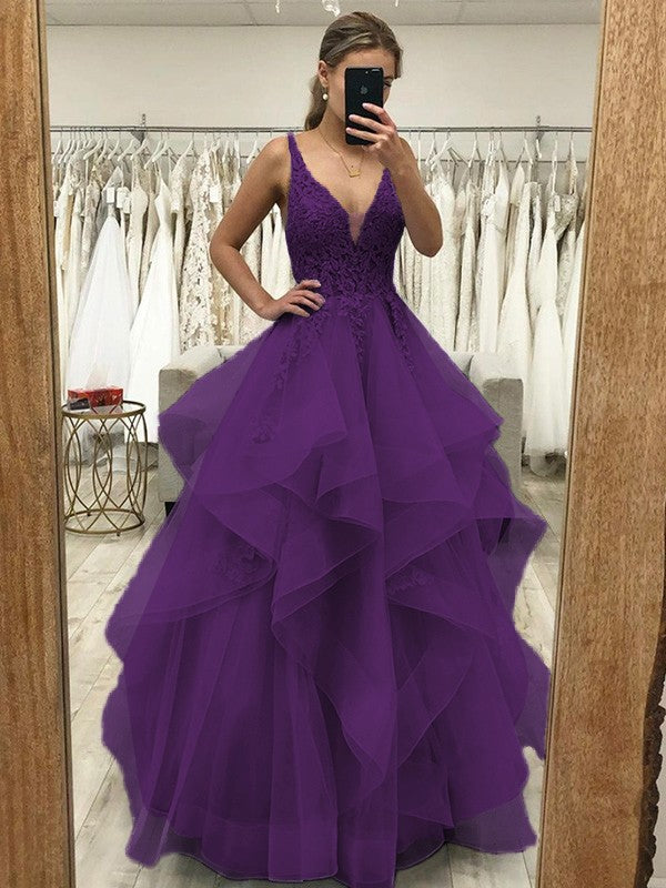 Touch of Texture Princess Style Tulle Applique V-neck Sleeveless Floor-Length Corset Prom Dress