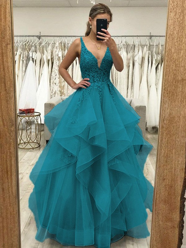 Touch of Texture Princess Style Tulle Applique V-neck Sleeveless Floor-Length Corset Prom Dress