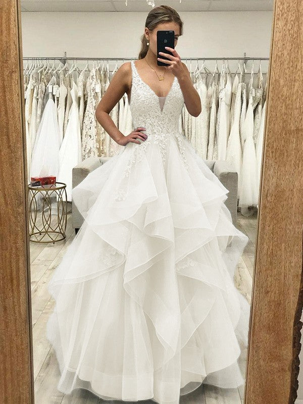Touch of Texture Princess Style Tulle Applique V-neck Sleeveless Floor-Length Corset Prom Dress