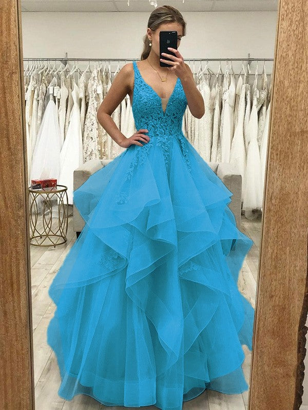 Touch of Texture Princess Style Tulle Applique V-neck Sleeveless Floor-Length Corset Prom Dress