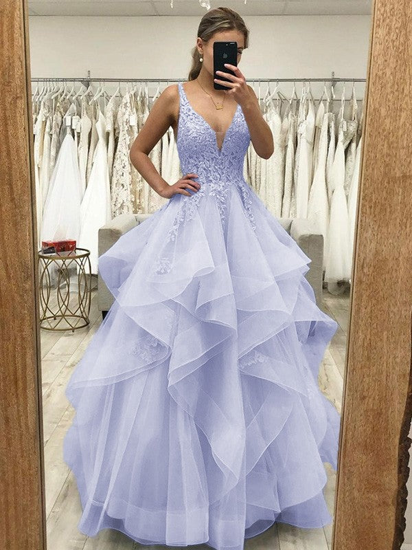Touch of Texture Princess Style Tulle Applique V-neck Sleeveless Floor-Length Corset Prom Dress