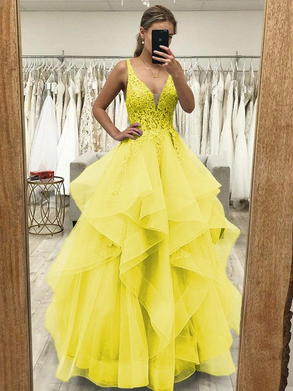 Touch of Texture Princess Style Tulle Applique V-neck Sleeveless Floor-Length Corset Prom Dress