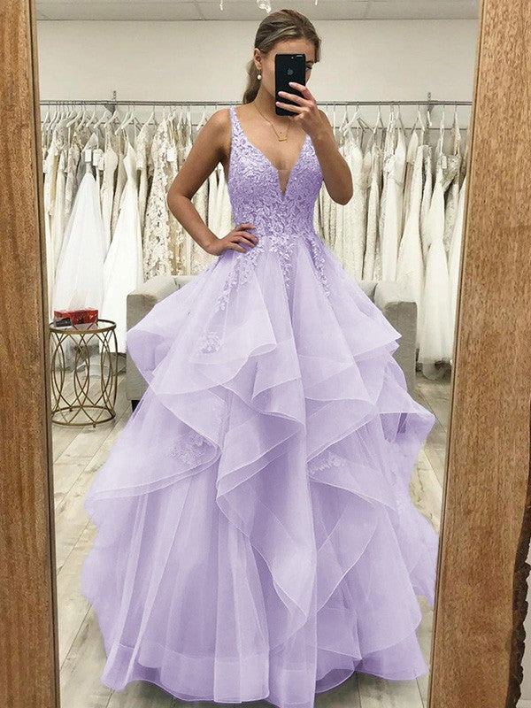 Touch of Texture Princess Style Tulle Applique V-neck Sleeveless Floor-Length Corset Prom Dress