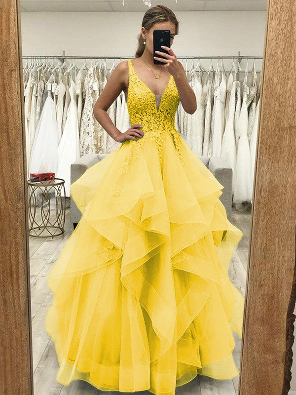 Touch of Texture Princess Style Tulle Applique V-neck Sleeveless Floor-Length Corset Prom Dress