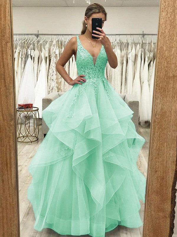 Touch of Texture Princess Style Tulle Applique V-neck Sleeveless Floor-Length Corset Prom Dress