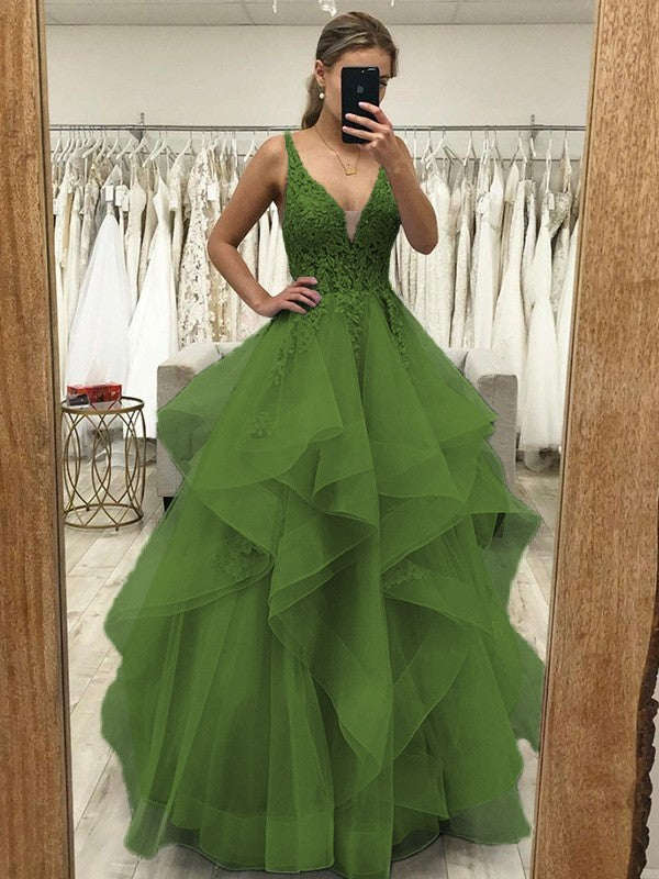 Touch of Texture Princess Style Tulle Applique V-neck Sleeveless Floor-Length Corset Prom Dress