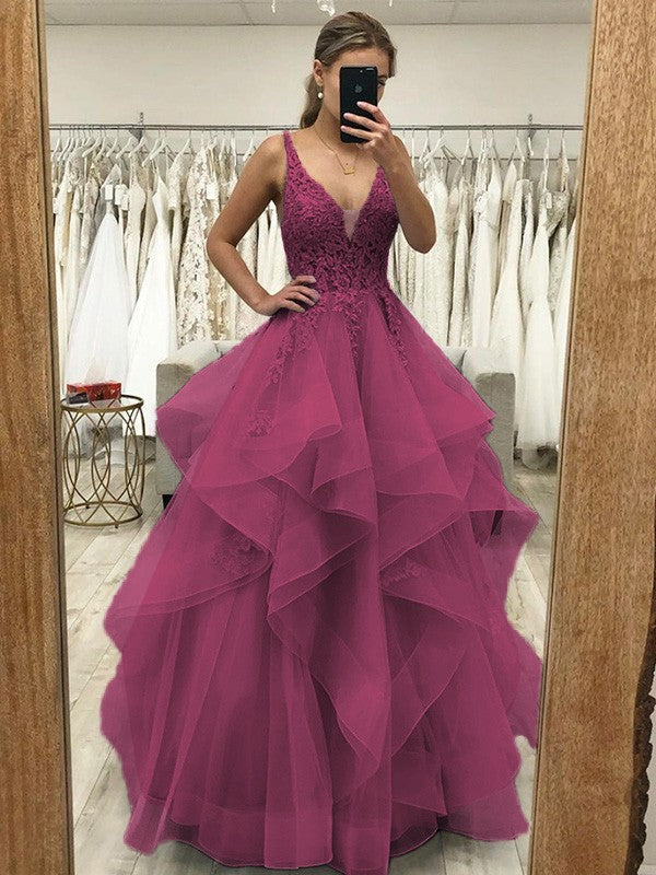 Touch of Texture Princess Style Tulle Applique V-neck Sleeveless Floor-Length Corset Prom Dress