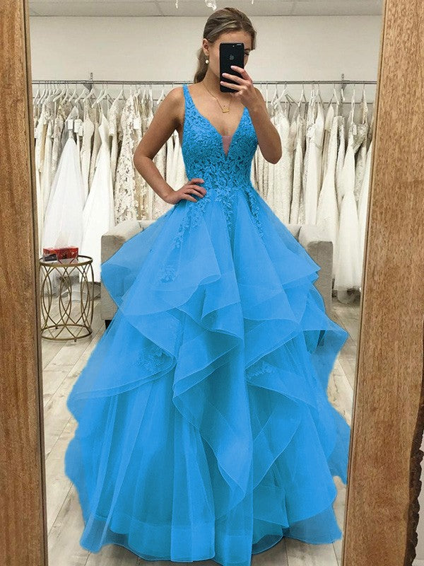 Touch of Texture Princess Style Tulle Applique V-neck Sleeveless Floor-Length Corset Prom Dress