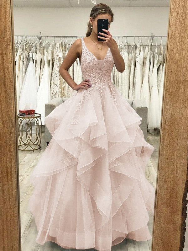Touch of Texture Princess Style Tulle Applique V-neck Sleeveless Floor-Length Corset Prom Dress
