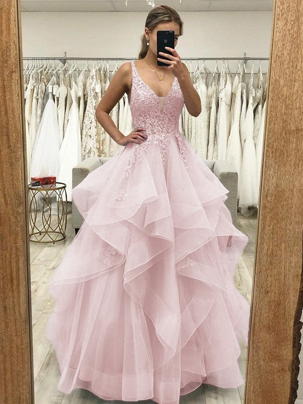 Touch of Texture Princess Style Tulle Applique V-neck Sleeveless Floor-Length Corset Prom Dress