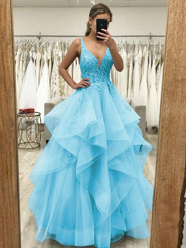 Touch of Texture Princess Style Tulle Applique V-neck Sleeveless Floor-Length Corset Prom Dress