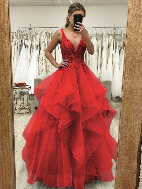 Touch of Texture Princess Style Tulle Applique V-neck Sleeveless Floor-Length Corset Prom Dress