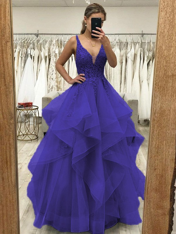 Touch of Texture Princess Style Tulle Applique V-neck Sleeveless Floor-Length Corset Prom Dress