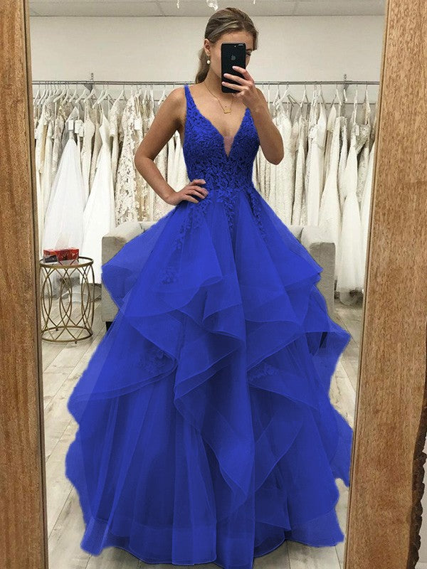 Touch of Texture Princess Style Tulle Applique V-neck Sleeveless Floor-Length Corset Prom Dress