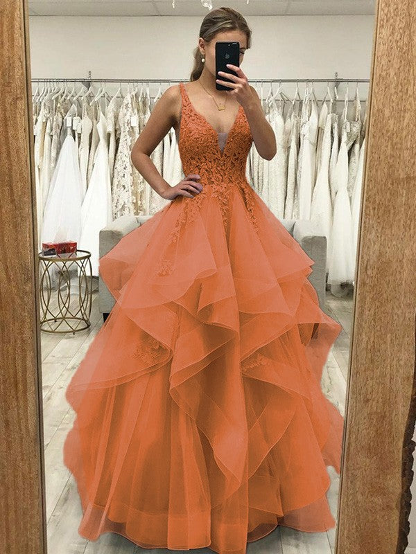 Touch of Texture Princess Style Tulle Applique V-neck Sleeveless Floor-Length Corset Prom Dress