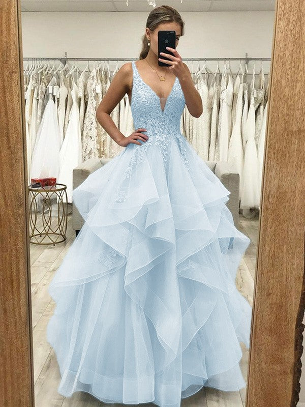 Touch of Texture Princess Style Tulle Applique V-neck Sleeveless Floor-Length Corset Prom Dress