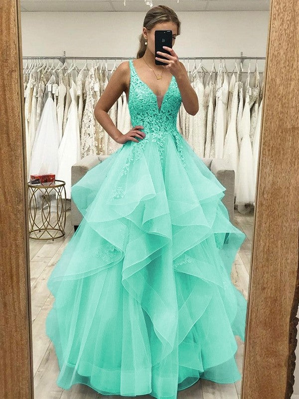 Touch of Texture Princess Style Tulle Applique V-neck Sleeveless Floor-Length Corset Prom Dress