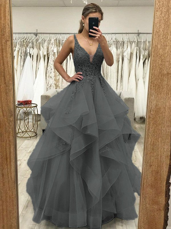 Touch of Texture Princess Style Tulle Applique V-neck Sleeveless Floor-Length Corset Prom Dress