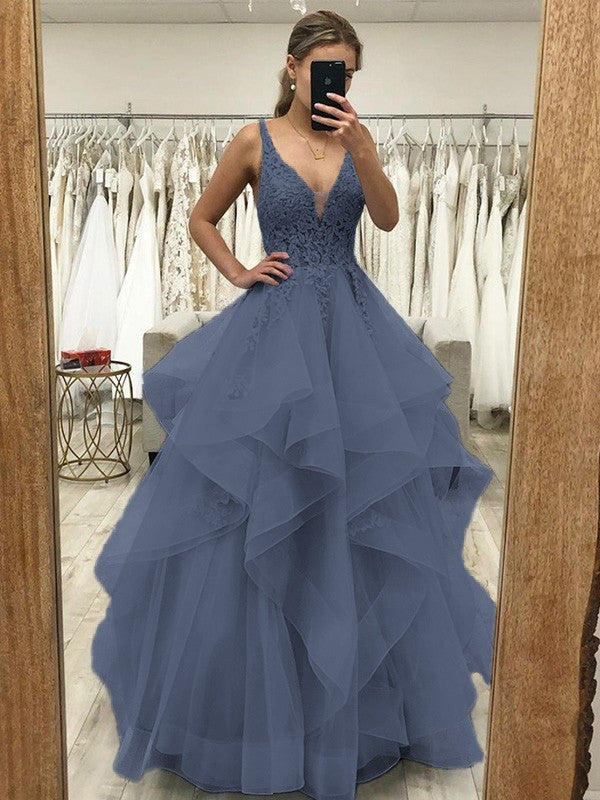 Touch of Texture Princess Style Tulle Applique V-neck Sleeveless Floor-Length Corset Prom Dress