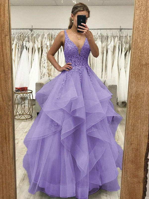 Touch of Texture Princess Style Tulle Applique V-neck Sleeveless Floor-Length Corset Prom Dress