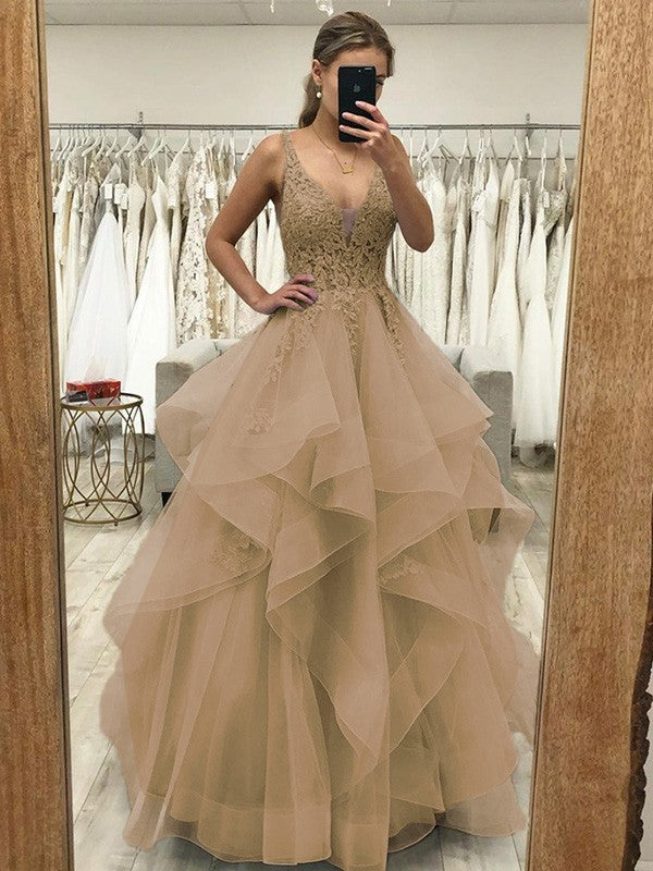 Touch of Texture Princess Style Tulle Applique V-neck Sleeveless Floor-Length Corset Prom Dress