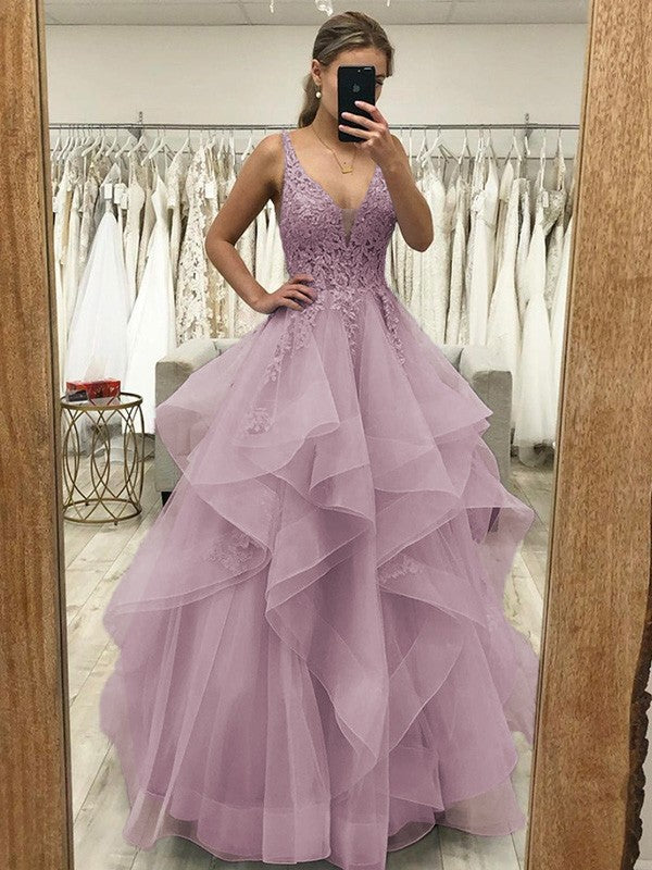 Touch of Texture Princess Style Tulle Applique V-neck Sleeveless Floor-Length Corset Prom Dress