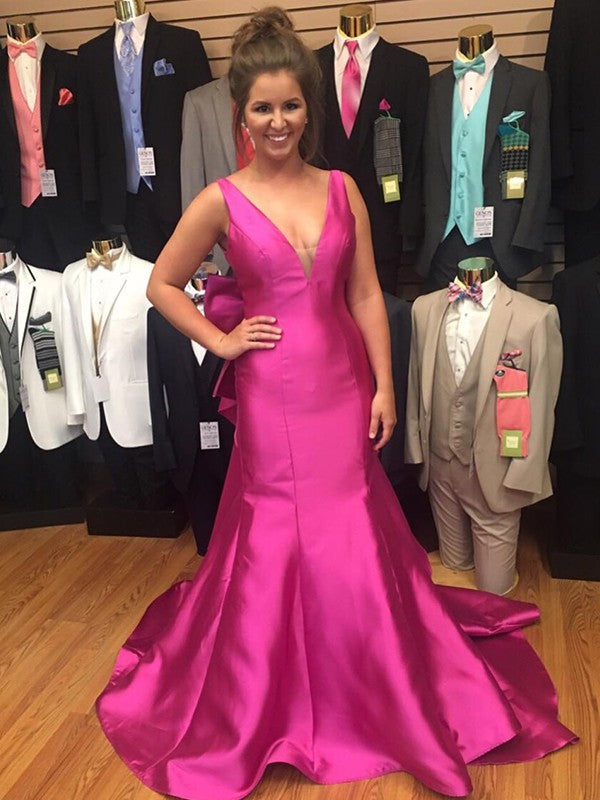 Voiced Vivacity Princess Style Satin Bowknot V-neck Sleeveless Court Train Prom Dress