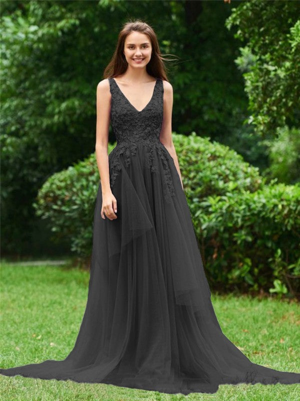 Limitless Looks Princess Style Tulle Applique V-neck Sleeveless Sweep/Brush Train Prom Dress