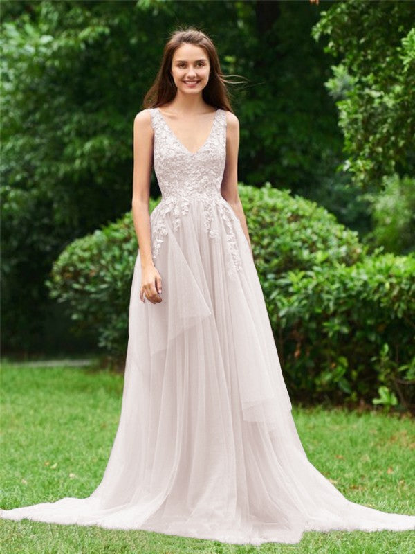 Limitless Looks Princess Style Tulle Applique V-neck Sleeveless Sweep/Brush Train Prom Dress