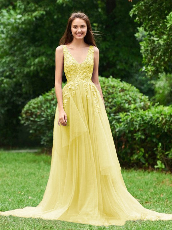 Limitless Looks Princess Style Tulle Applique V-neck Sleeveless Sweep/Brush Train Prom Dress