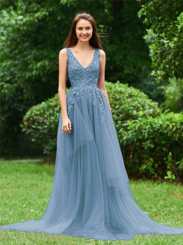 Limitless Looks Princess Style Tulle Applique V-neck Sleeveless Sweep/Brush Train Prom Dress
