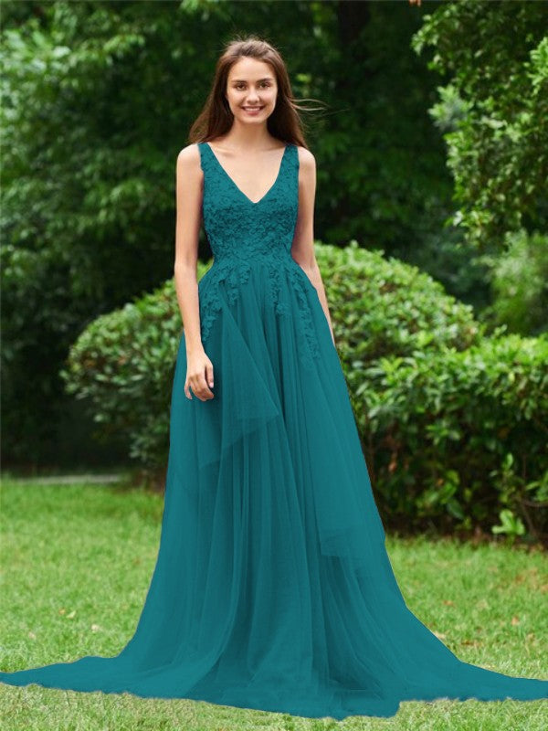 Limitless Looks Princess Style Tulle Applique V-neck Sleeveless Sweep/Brush Train Prom Dress