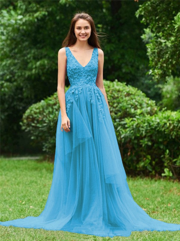 Limitless Looks Princess Style Tulle Applique V-neck Sleeveless Sweep/Brush Train Prom Dress
