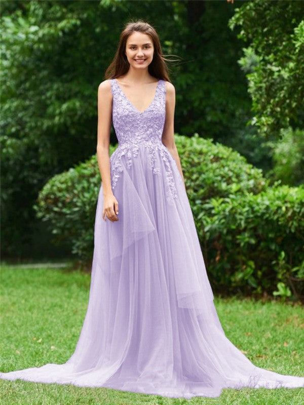 Limitless Looks Princess Style Tulle Applique V-neck Sleeveless Sweep/Brush Train Prom Dress