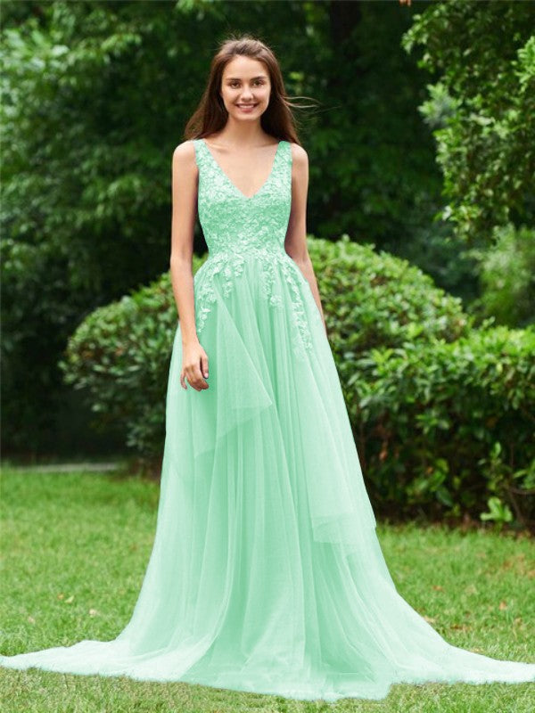Limitless Looks Princess Style Tulle Applique V-neck Sleeveless Sweep/Brush Train Prom Dress