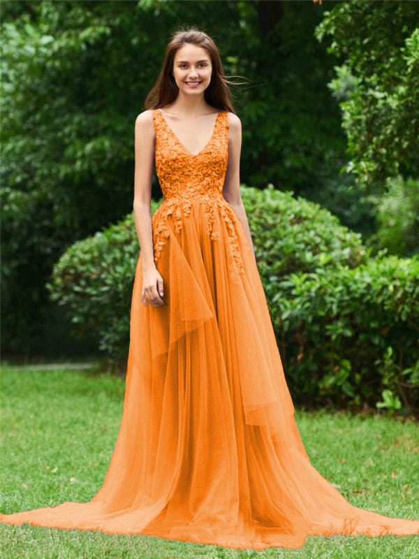Limitless Looks Princess Style Tulle Applique V-neck Sleeveless Sweep/Brush Train Prom Dress
