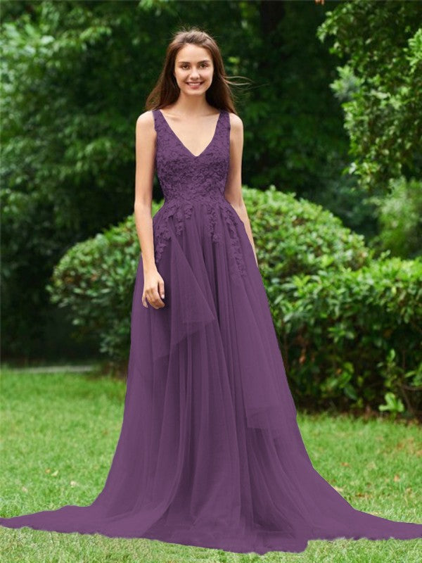 Limitless Looks Princess Style Tulle Applique V-neck Sleeveless Sweep/Brush Train Prom Dress