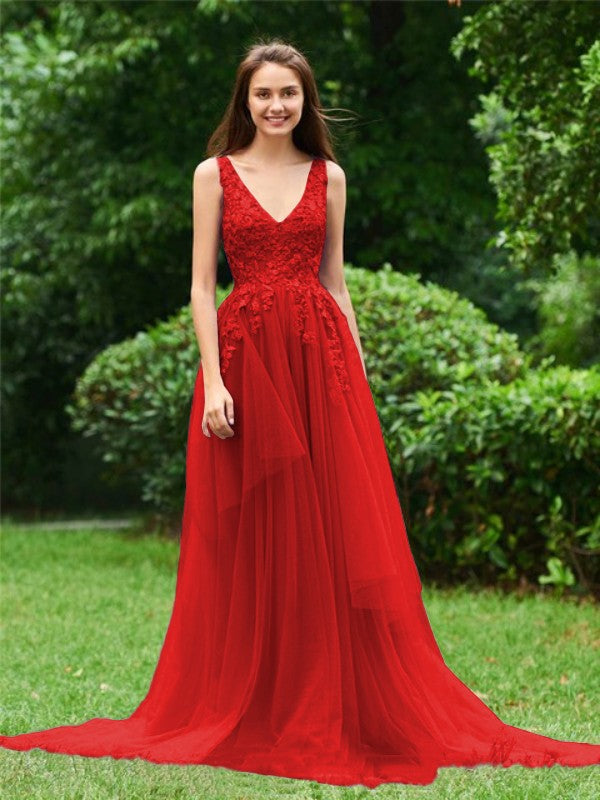 Limitless Looks Princess Style Tulle Applique V-neck Sleeveless Sweep/Brush Train Prom Dress