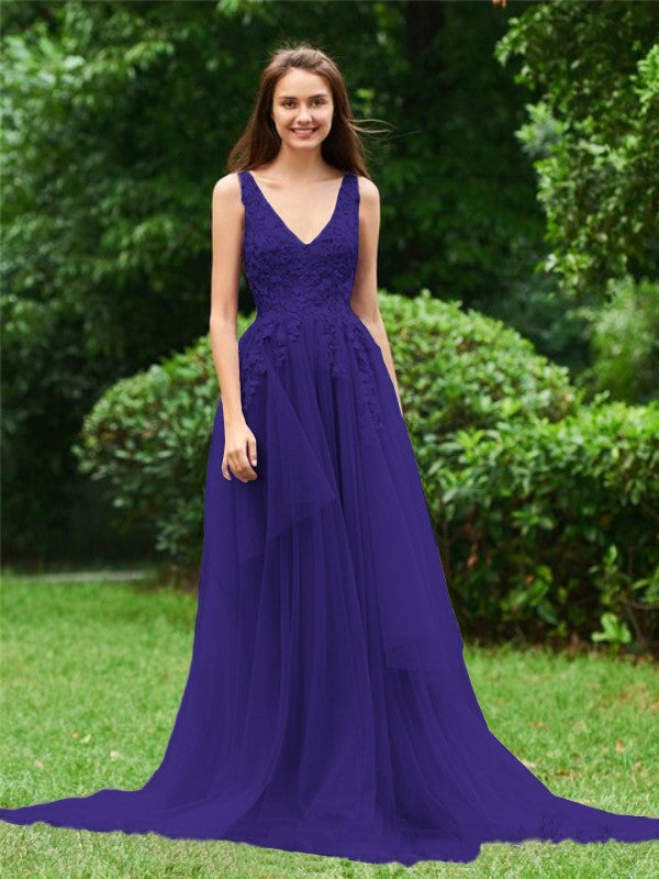 Limitless Looks Princess Style Tulle Applique V-neck Sleeveless Sweep/Brush Train Prom Dress