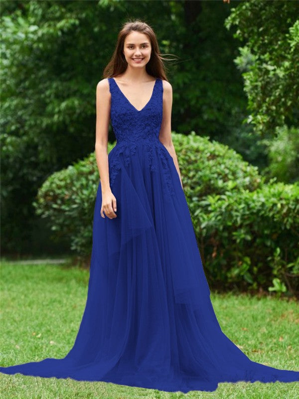 Limitless Looks Princess Style Tulle Applique V-neck Sleeveless Sweep/Brush Train Prom Dress