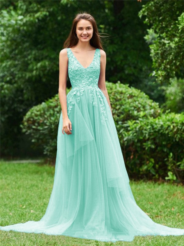 Limitless Looks Princess Style Tulle Applique V-neck Sleeveless Sweep/Brush Train Prom Dress
