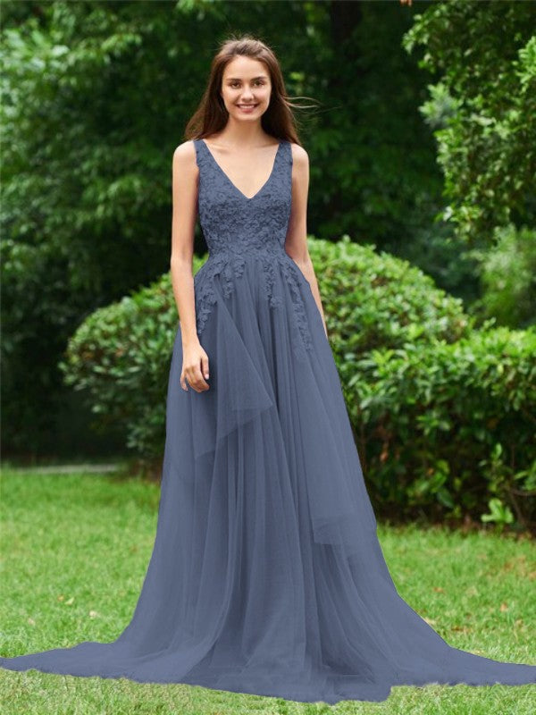 Limitless Looks Princess Style Tulle Applique V-neck Sleeveless Sweep/Brush Train Prom Dress