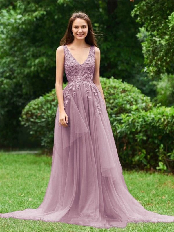 Limitless Looks Princess Style Tulle Applique V-neck Sleeveless Sweep/Brush Train Prom Dress