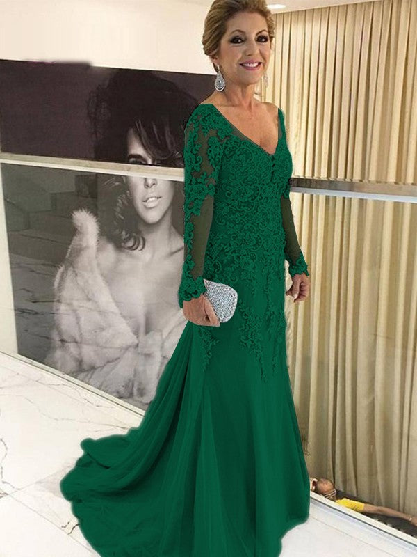 Sheath/Column Tulle Applique V-neck Long Sleeves Sweep/Brush Train Mother of the Bride Dress