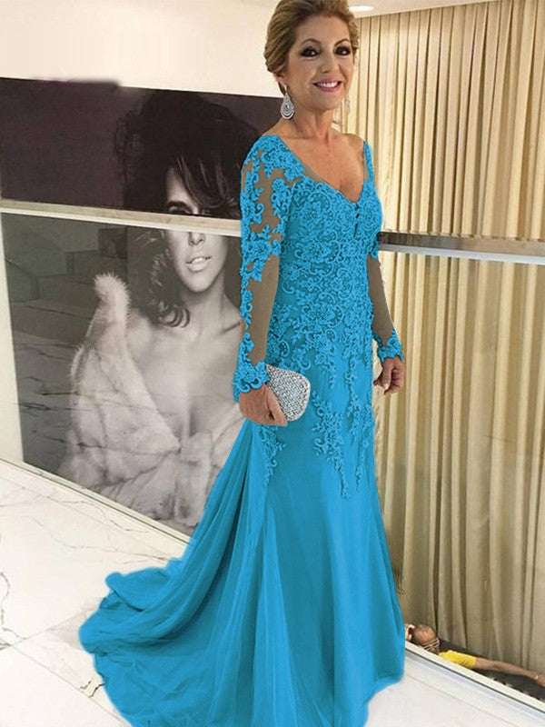 Sheath/Column Tulle Applique V-neck Long Sleeves Sweep/Brush Train Mother of the Bride Dress